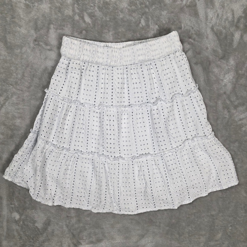 Sim & Sam White Eyelet Tiered Ruffle Smocked Skirt Size M Boho Cottagecore